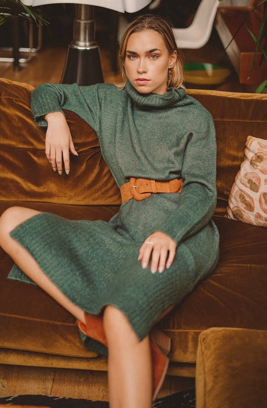 Slit turtleneck sweater dress