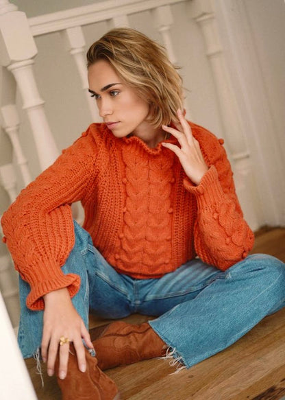 Cable-knit Sweater with Turn-up Collar
